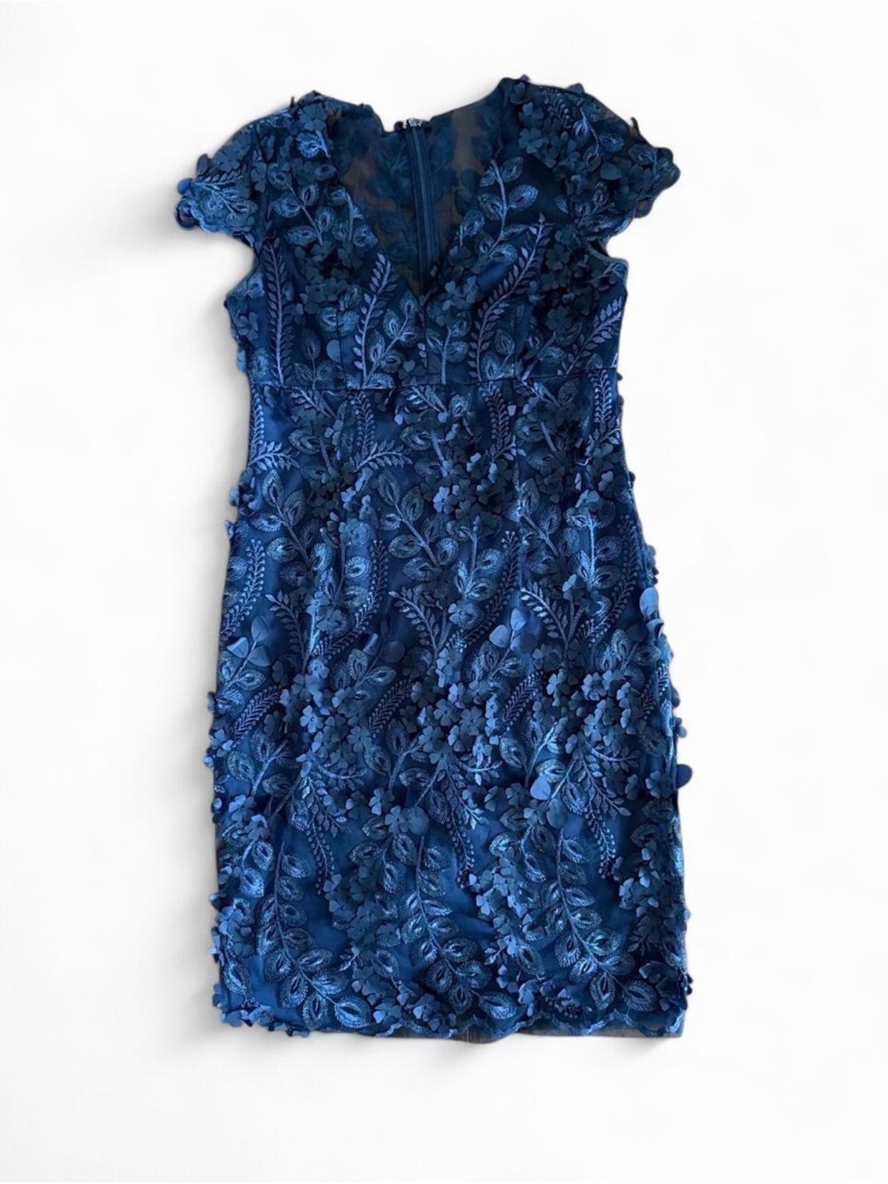 Carmen Marc Valvo Navy 3D Floral Midi Dress